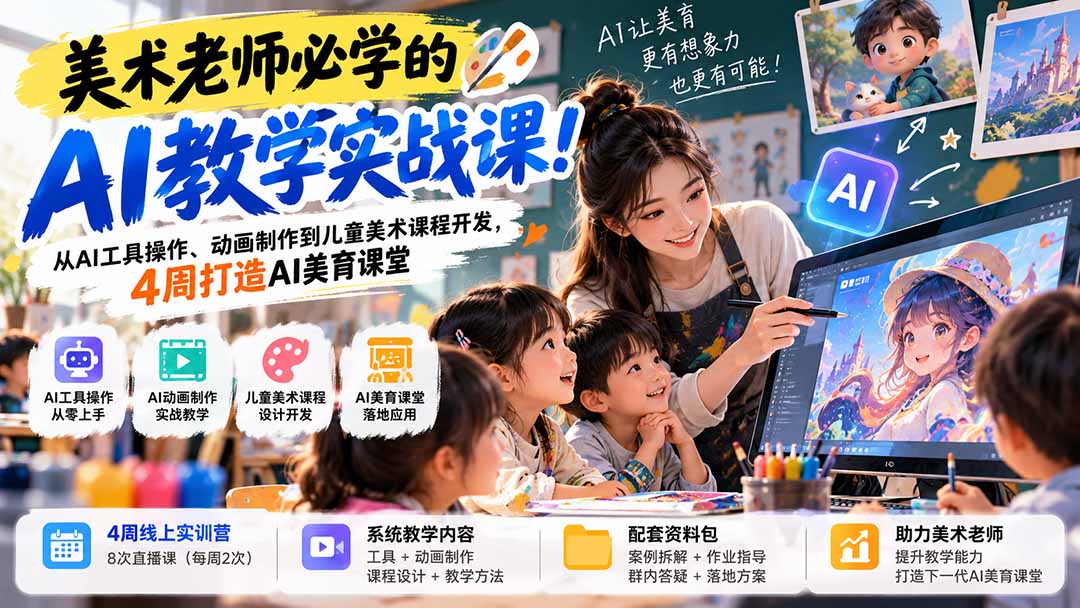 美术老师必学的AI教学实战课！从AI工具操作、动画制作到儿童美术课程开发，4周打造AI美育课堂-91副业网