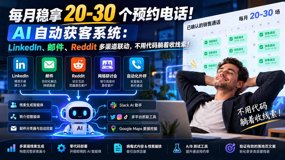 每月稳拿 20-30 个预约电话！AI 自动获客系统：LinkedIn、邮件、Reddit 多渠道联动，不用代码躺着收线索！-91副业网