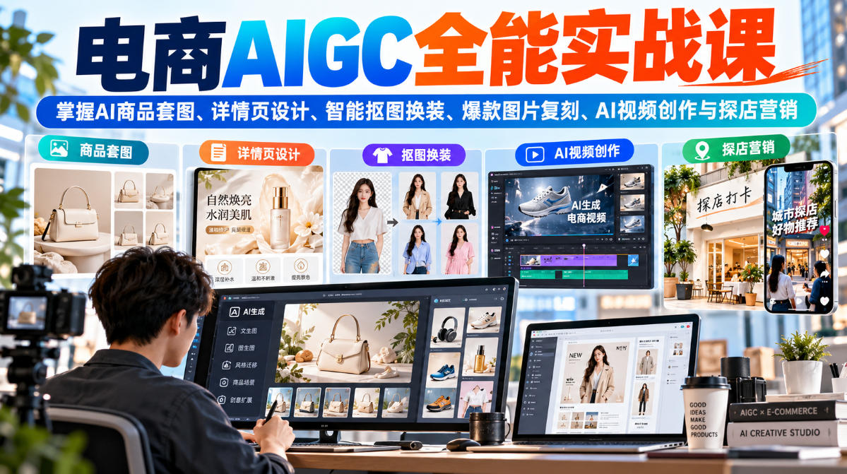 电商AIGC全能实战课:掌握AI商品套图、详情页设计、智能抠图换装、爆款图片复刻、AI视频创作与探店营销-91副业网