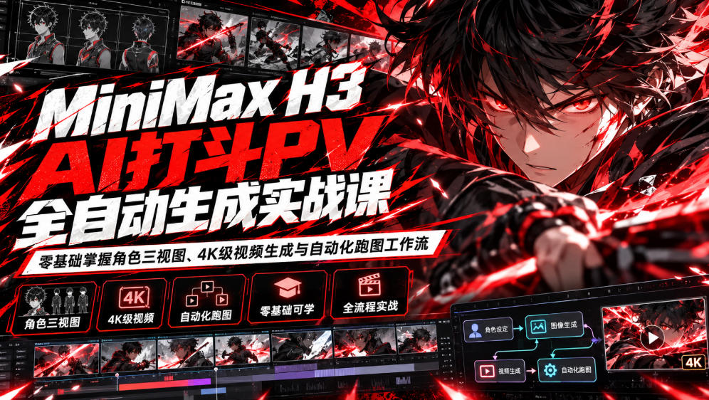 MiniMax H3 AI打斗PV全自动生成实战课：零基础掌握角色三视图、4K级视频生成与自动化跑图工作流-91副业网