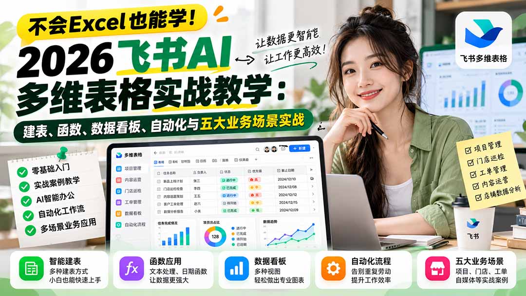 不会Excel也能学！2026飞书AI多维表格实战教学：建表、函数、数据看板、自动化与五大业务场景实战-91副业网