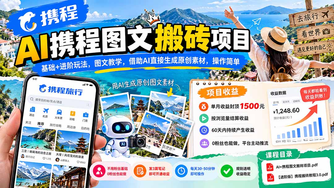 AI携程图文搬砖项目,基础+进阶玩法,图文教学,借助AI直接生成原创素材,操作简单-91副业网