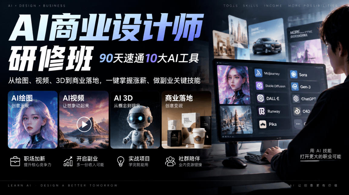 AI商业设计师研修班,90天速通10大AI工具,从绘图、视频、3D到商业落地,一键掌握涨薪、做副业关键技能-91副业网