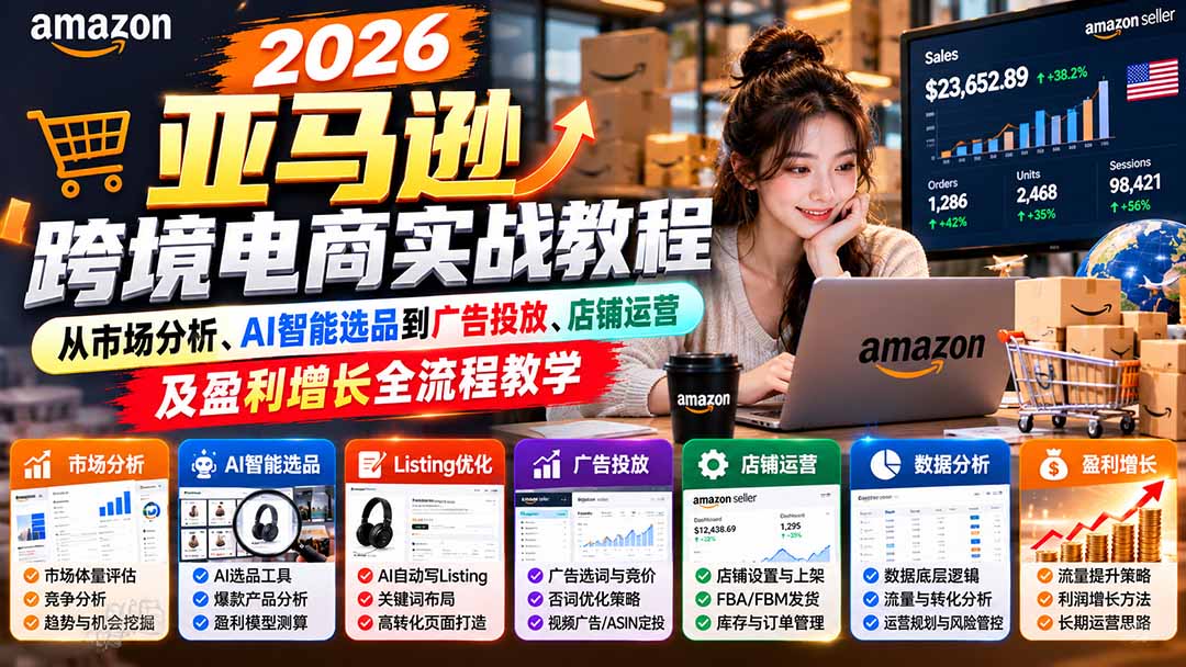 2026亚马逊跨境电商实战教程-更新1027，从市场分析、AI智能选品到广告投放、店铺运营及盈利增长全流程教学-91副业网