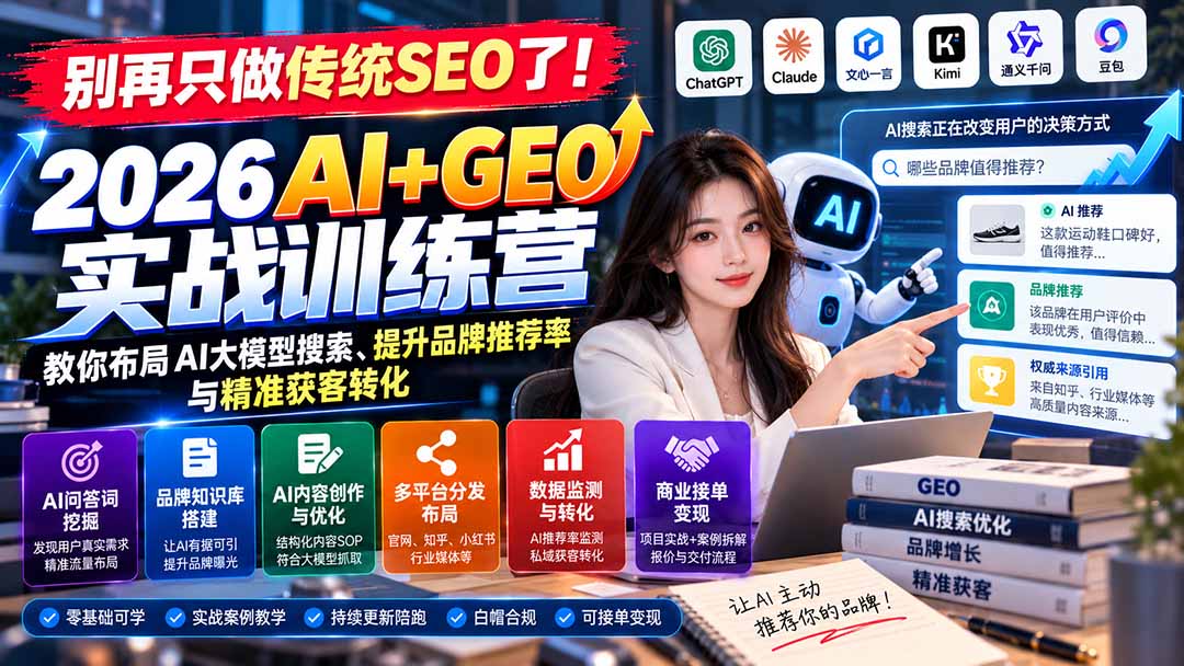 别再只做传统SEO了!《2026AI+GEO实战训练营》教你布局AI大模型搜索、提升品牌推荐率与精准获客转化-91副业网