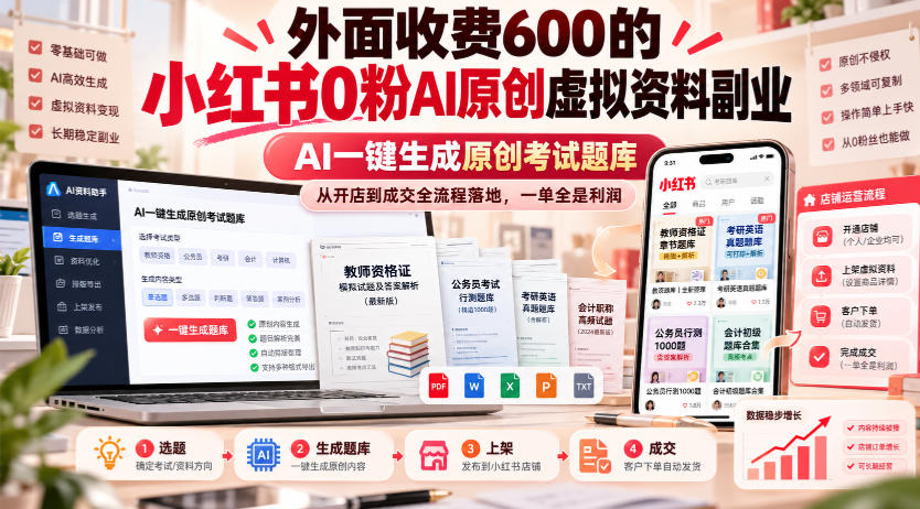外面收费600的小红书0粉AI原创虚拟资料副业,AI一键生成原创考试题库,从开店到成交全流程落地,一单全是利润-91副业网