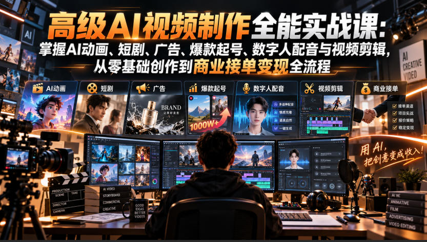 高级AI视频制作全能实战课：掌握AI动画、短剧、广告、爆款起号、数字人配音与视频剪辑，从零基础创作到商业接单变现全流程-91副业网