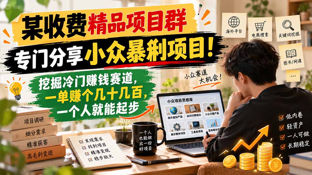 某收费精品项目群，专门分享小众暴俐项目！挖掘冷门赚钱赛道，一单赚个几十几百，一个人就能起步-91副业网