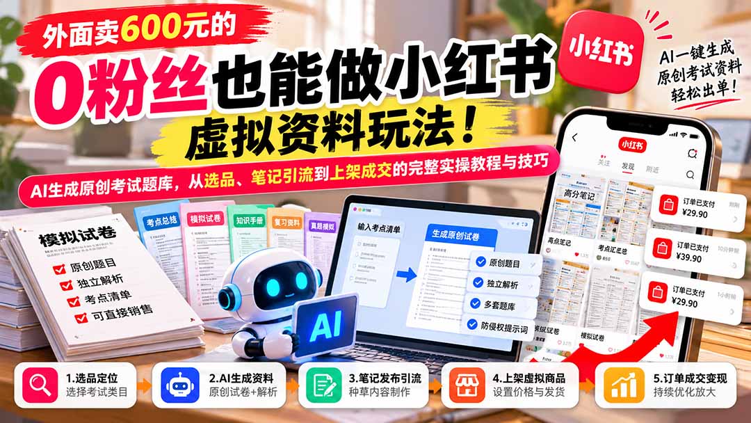 外面卖600元的 零粉丝也能做小红书虚拟资料玩法!AI生成原创考试题库,从选品、笔记引流到上架成交的完整实操教程-91副业网