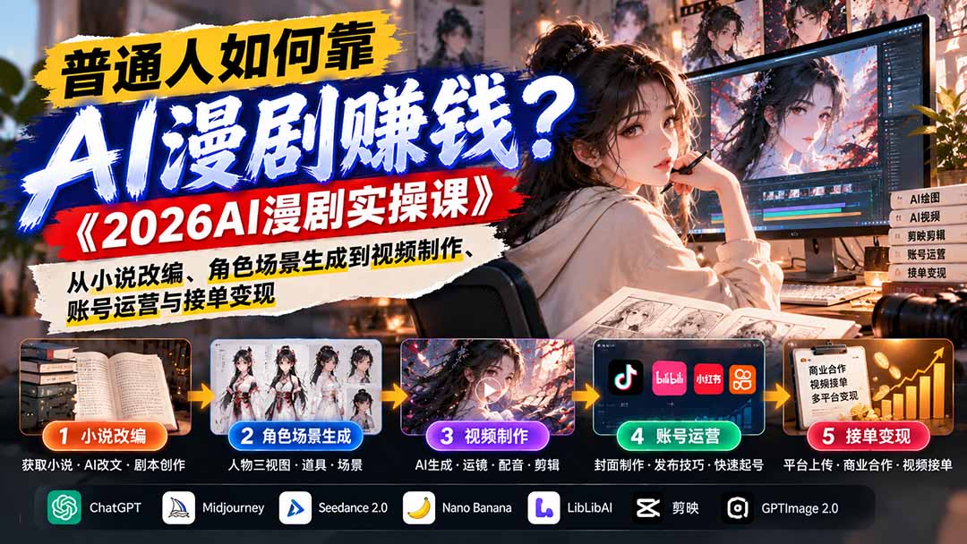 普通人如何靠AI漫剧赚钱？《2026AI漫剧实操课》从小说改编、角色场景生成到视频制作、账号运营与接单变现-91副业网