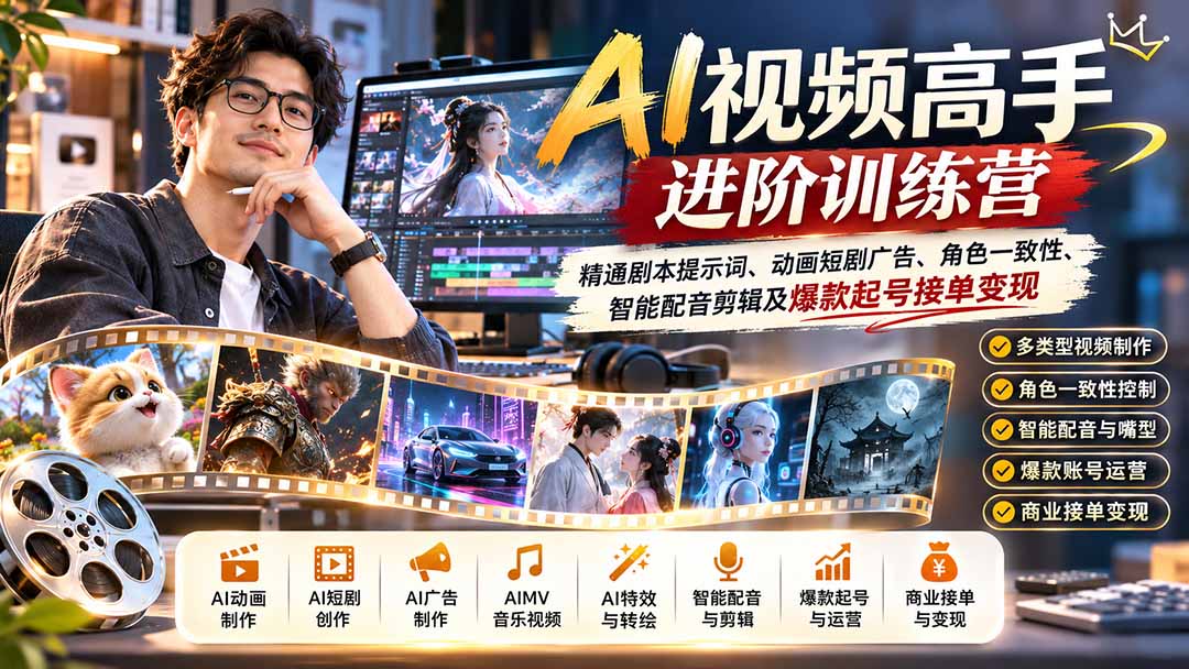 AI视频高手进阶训练营：精通剧本提示词、动画短剧广告、角色一致性、智能配音剪辑及爆款起号接单变现-91副业网