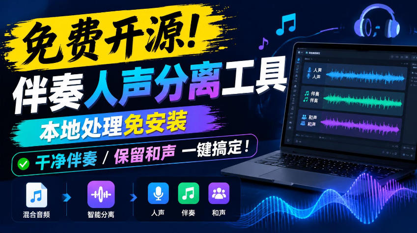 免费开源！伴奏人声分离工具，本地处理免安装，干净伴奏，保留和声一键搞定！-91副业网