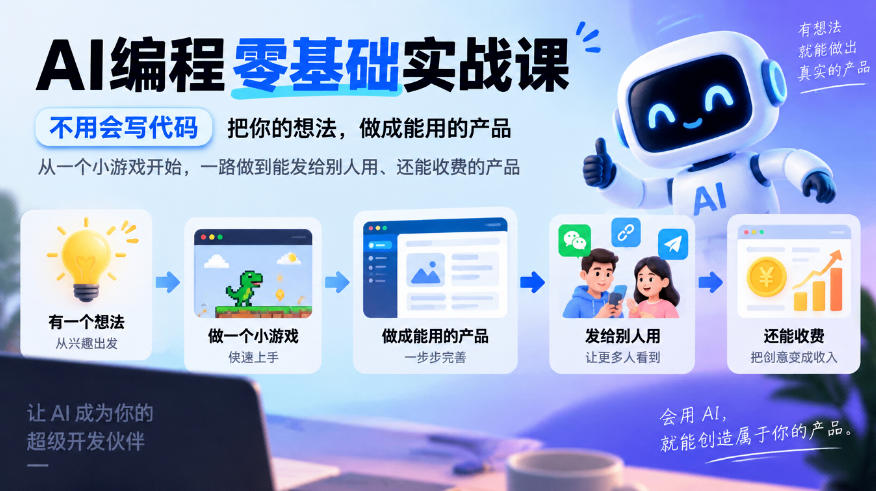 AI编程零基础实战课，不用会写代码，把你的想法，做成能用的产品，从一个小游戏开始，一路做到能发给别人用、还能收费的产品-91副业网