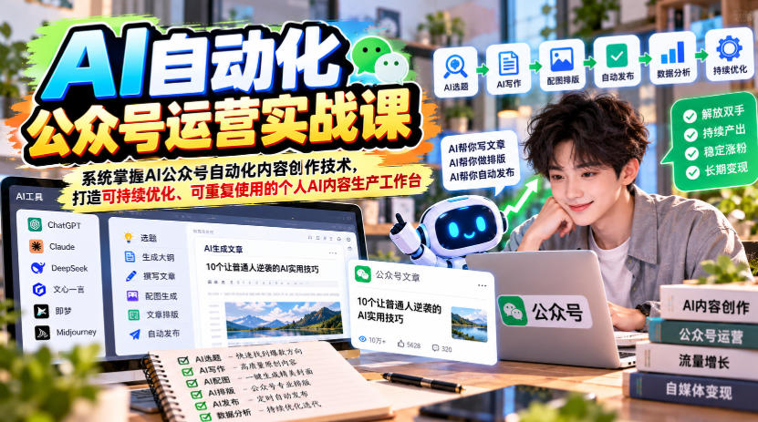 AI自动化公众号运营实战课，系统掌握AI公众号自动化内容创作技术，打造可持续优化、可重复使用的个人AI内容生产工作台-91副业网