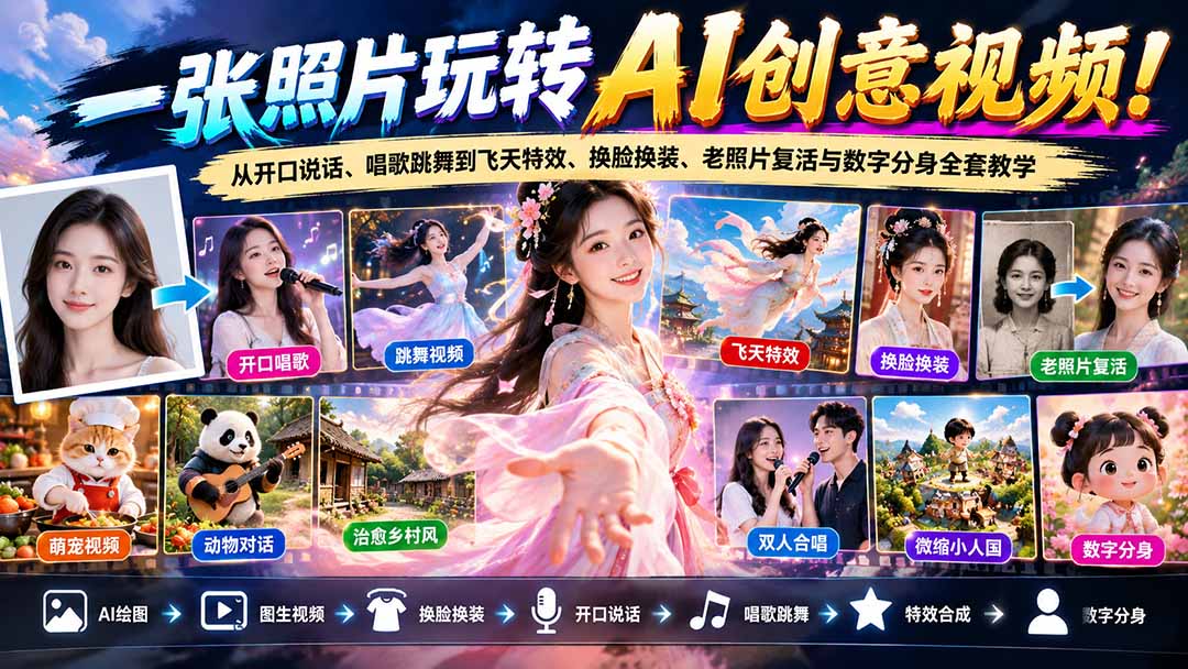 一张照片玩转AI创意视频！从开口说话、唱歌跳舞到飞天特效、换脸换装、老照片复活与数字分身全套教学-91副业网