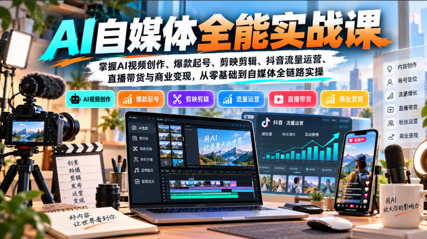 【无水印】AI自媒体全能实战课，掌握AI视频创作、爆款起号、剪映剪辑、抖音流量运营、直播带货与商业变现，从零基础到自媒体全链路实操-91副业网