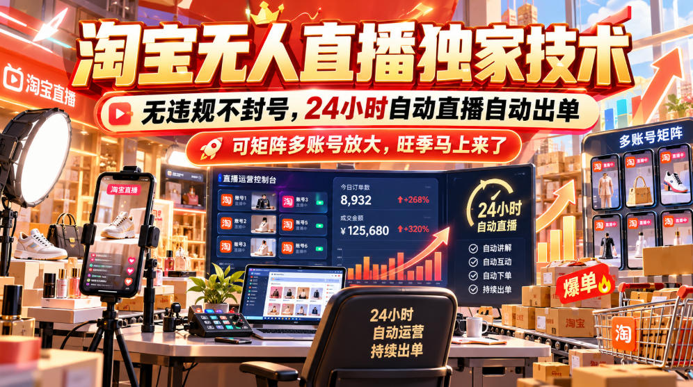 淘宝无人直播独家技术，无违规不封号，24小时自动直播自动出单，可矩阵多账号放大，旺季马上来了【揭秘】-91副业网