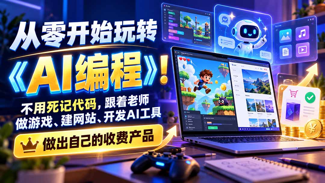 从零开始玩转《AI编程》！不用死记代码，跟着老师做游戏、建网站、开发AI工具，最后完成自己的收费产品-91副业网