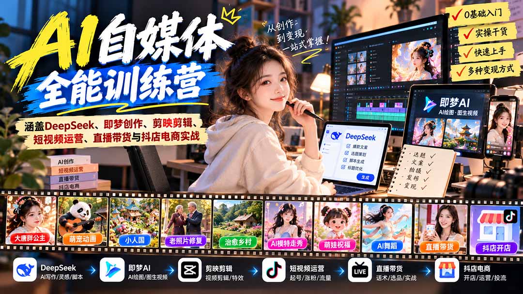 【无水印】AI+自媒体全能训练营：涵盖DeepSeek、即梦创作、剪映剪辑、短视频运营、直播带货与抖店电商实战-91副业网