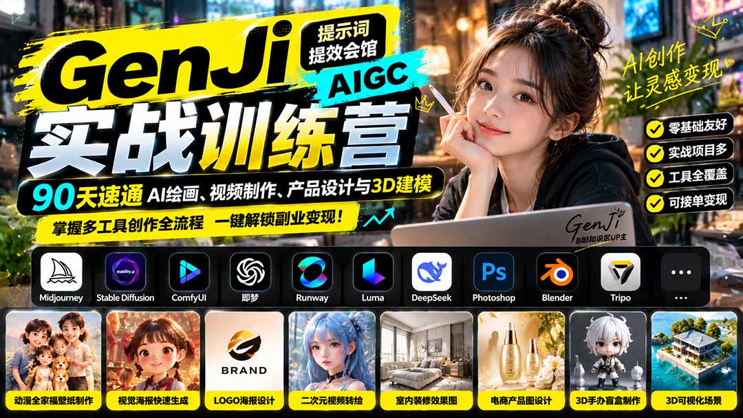 GenJi AIGC实战训练营:90天速通AI绘画、视频制作、产品设计与3D建模,掌握多工具创作全流程-91副业网