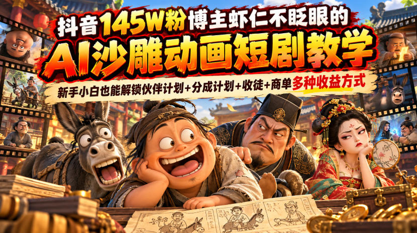 抖音145W粉博主虾仁不眨眼的AI沙雕动画短剧教学，新手小白也能解锁伙伴计划+分成计划+收徒+商单多种收益方式-91副业网