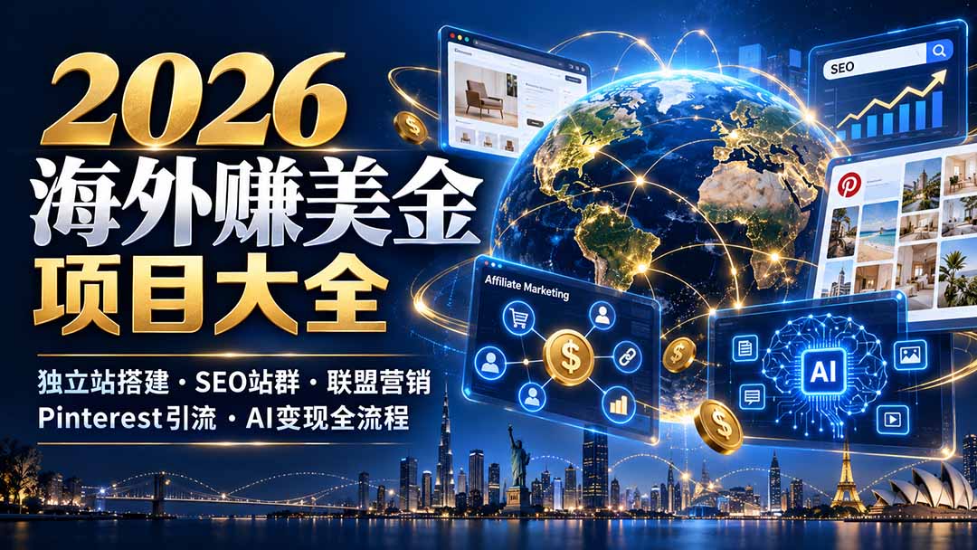 2026海外赚美金项目大全：独立站搭建、SEO站群、联盟营销、Pinterest引流与AI变现全流程-91副业网