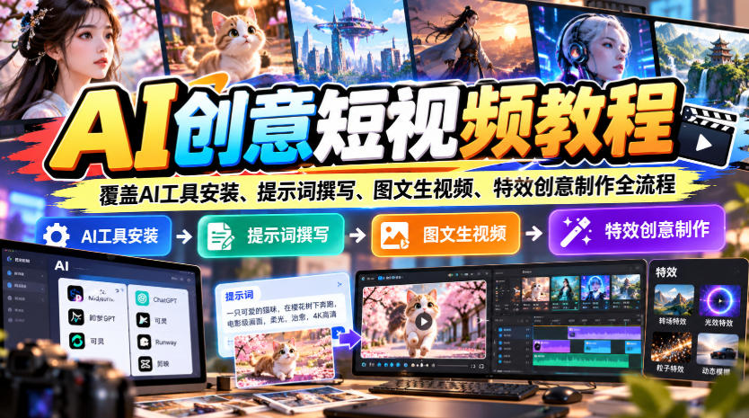 AI创意短视频教程，覆盖AI工具安装、提示词撰写、图文生视频、特效创意制作全流程-91副业网