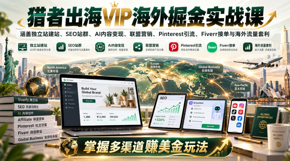 猎者出海VIP海外掘金实战课：涵盖独立站、SEO站群、AI变现、联盟营销、Pinterest引流、Fiverr接单与海外流量套利，掌握多渠道賺美金玩法-91副业网