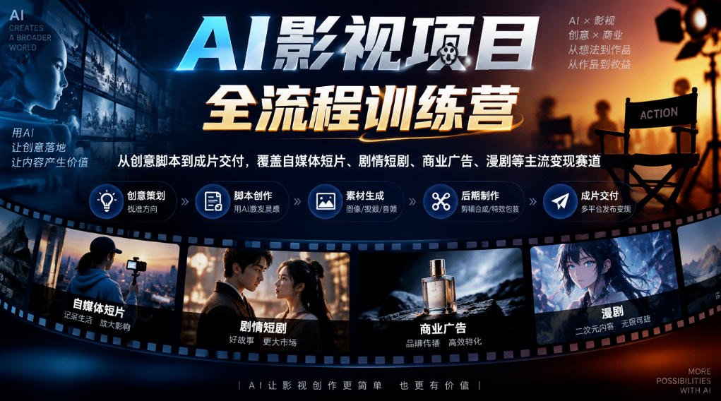 AI影视项目全流程训练营，从创意脚本到成片交付，覆盖自媒体短片、剧情短剧、商业广告、漫剧等主流变现赛道-91副业网