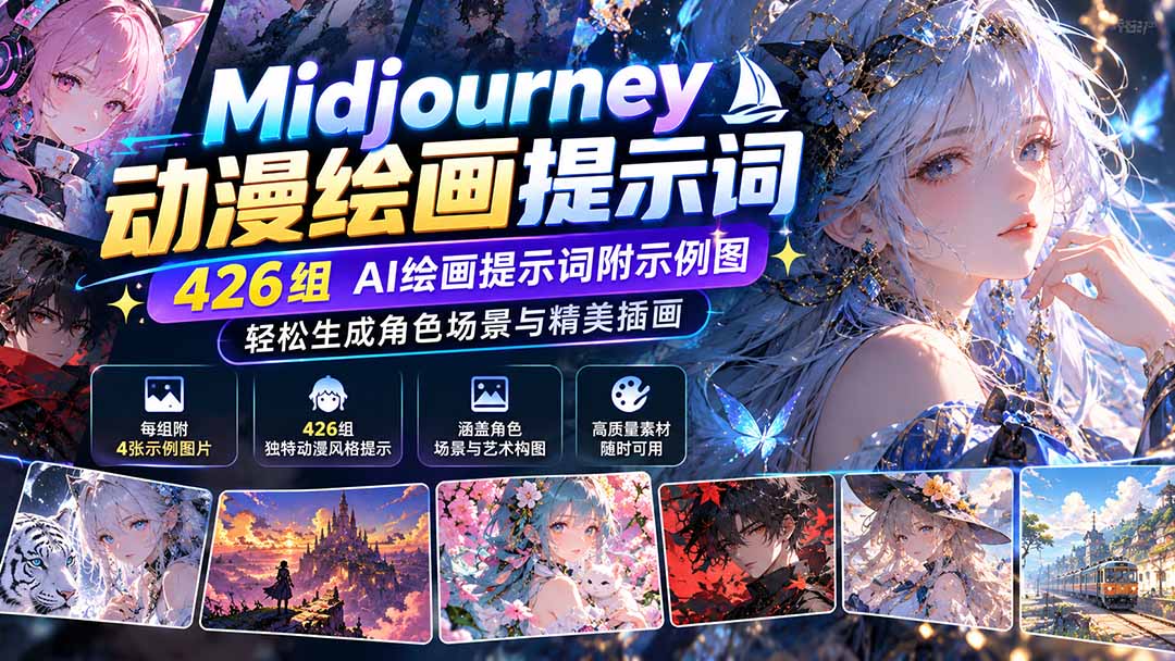 Midjourney动漫绘画提示词：426组AI绘画提示词附示例图，轻松生成角色场景与精美插画-91副业网