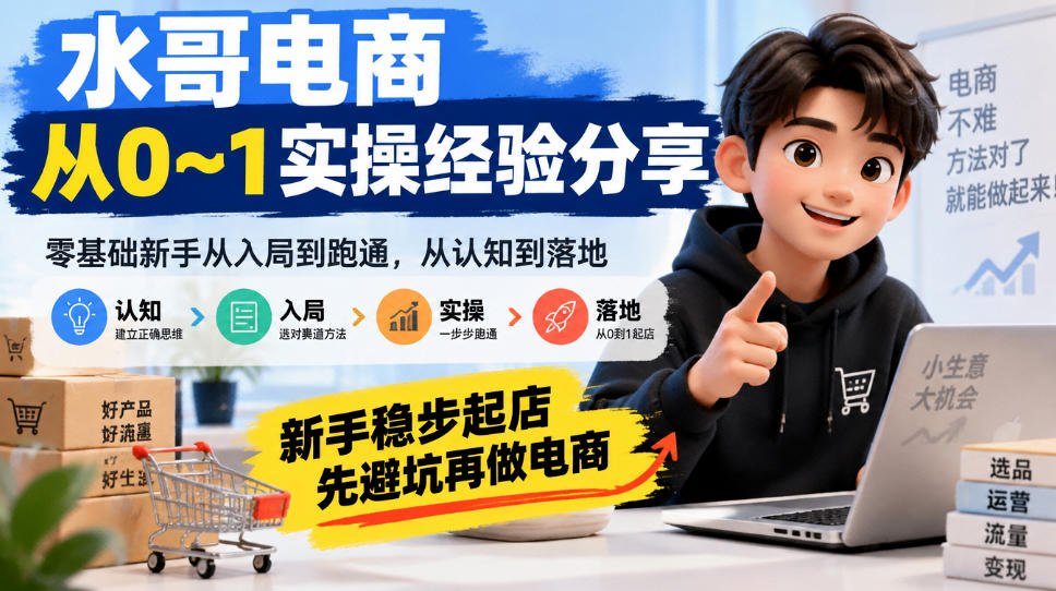水哥电商从0~1实操经验分享，​零基础新手从入局到跑通，从认知到落地，新手稳步起店，先避坑再做电商-91副业网