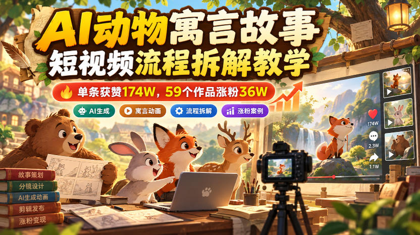 AI动物寓言故事短视频流程拆解教学，单条获赞174W，59个作品涨粉36W-91副业网
