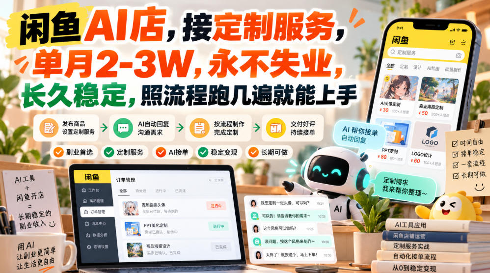 闲鱼AI店，接定制服务，单月2-3W，永不失业，长久稳定，照流程跑几遍就能上手-91副业网