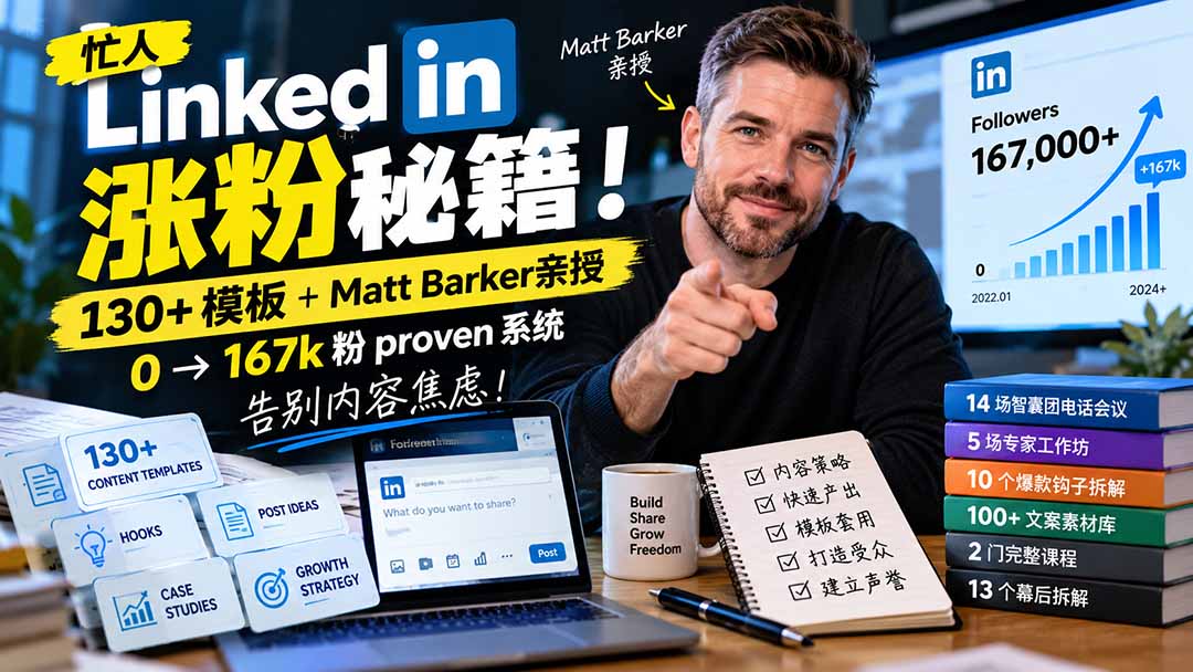 【无水印】忙人LinkedI 涨粉秘籍！130+模板+Matt Barker亲授：0→167k粉proven系统，告别内容焦虑【原创双语字幕】-91副业网