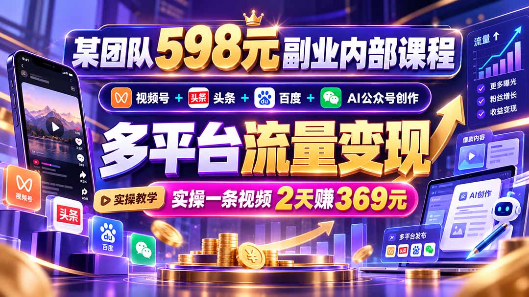 某团队598元副业内部课程：视频号+头条+百度+AI公众号创作、多平台流量变现，实操一条视频2天赚369元-91副业网