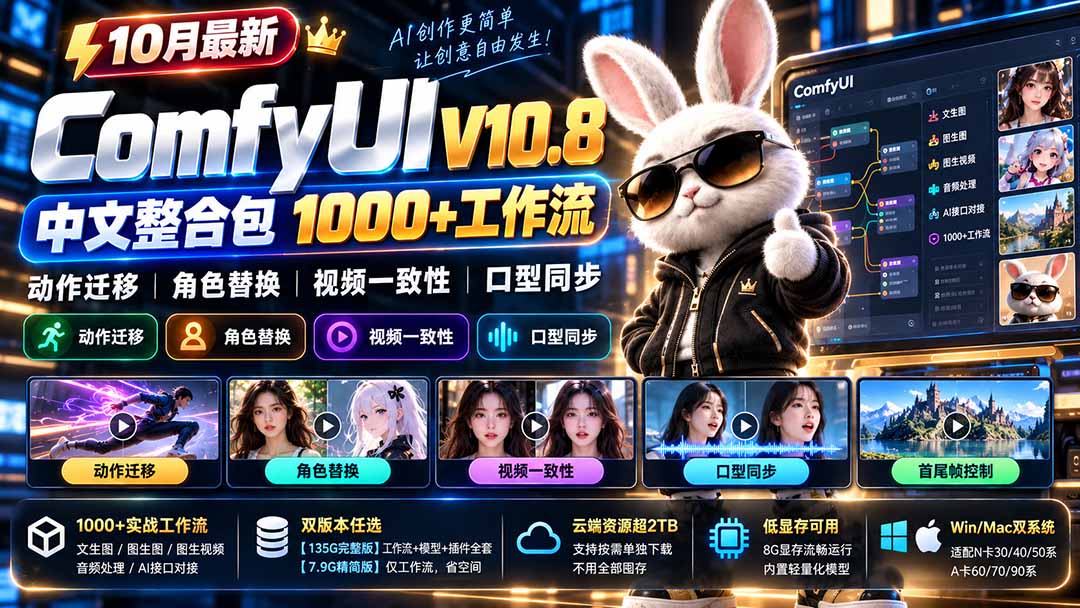 10月最新ComfyUI V10.8中文整合包 1000+工作流 动作迁移 角色替换 视频一致性 口型同步 低显存可用-91副业网