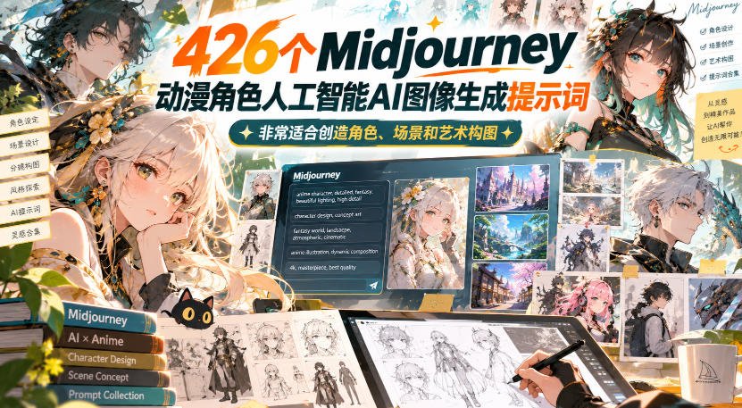 426个Midjourney动漫角色人工智能AI图像生成提示词,非常适合创造角色、场景和艺术构图-91副业网