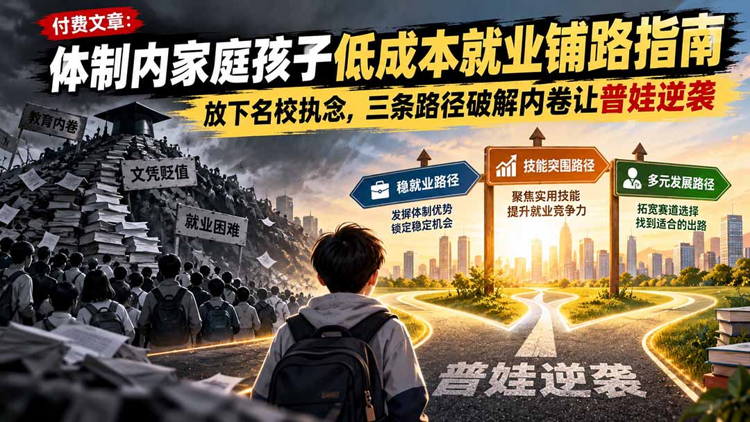 付费文章:体制内家庭孩子低成本就业铺路指南,放下名校执念,三条路径破解内卷让普娃逆袭-91副业网