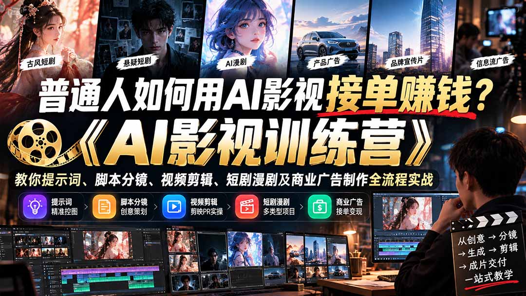 普通人如何用AI影视接单赚钱?《AI影视训练营》教你提示词、脚本分镜、视频剪辑、短剧漫剧及商业广告制作全流程实战-91副业网
