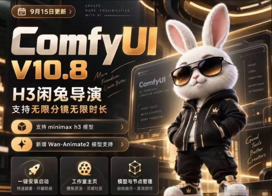 ComfyUI V10.8中文整合包,H3闲兔导演,支持无限分镜无限时长,1000+工作流,动作迁移,角色替换,视频一致性,口型同步,低显存可用-91副业网