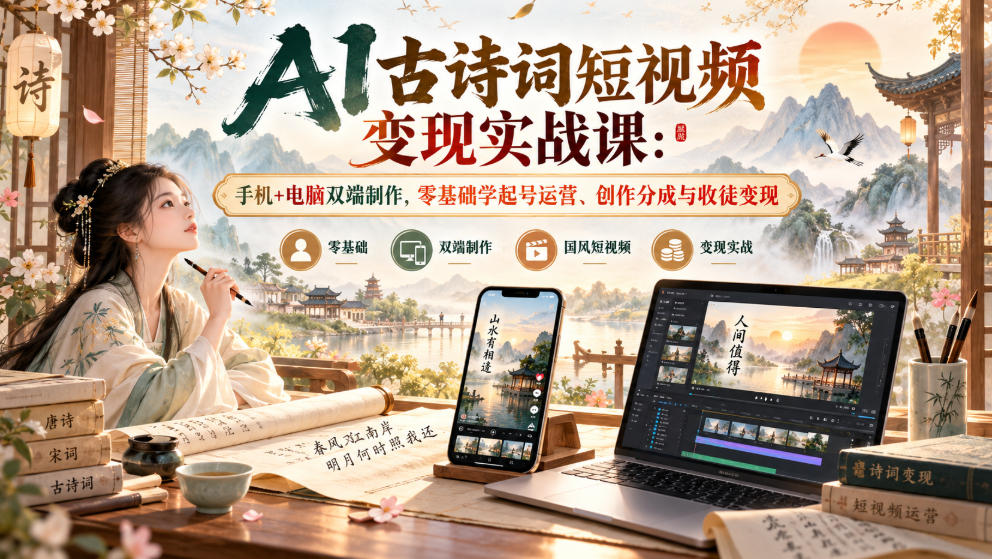 AI古诗词短视频变现实战课：手机+电脑双端制作，零基础学起号运营、创作分成与收徒变现-91副业网