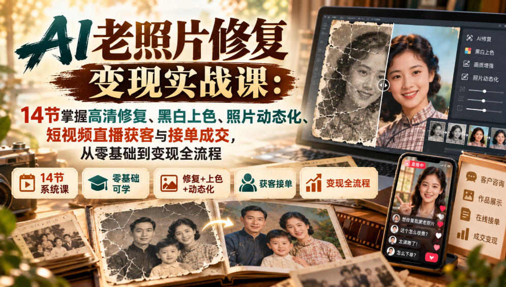 AI老照片修复变现实战课：14节掌握高清修复、黑白上色、照片动态化、短视频直播获客与接单成交，从零基础到变现全流程-91副业网