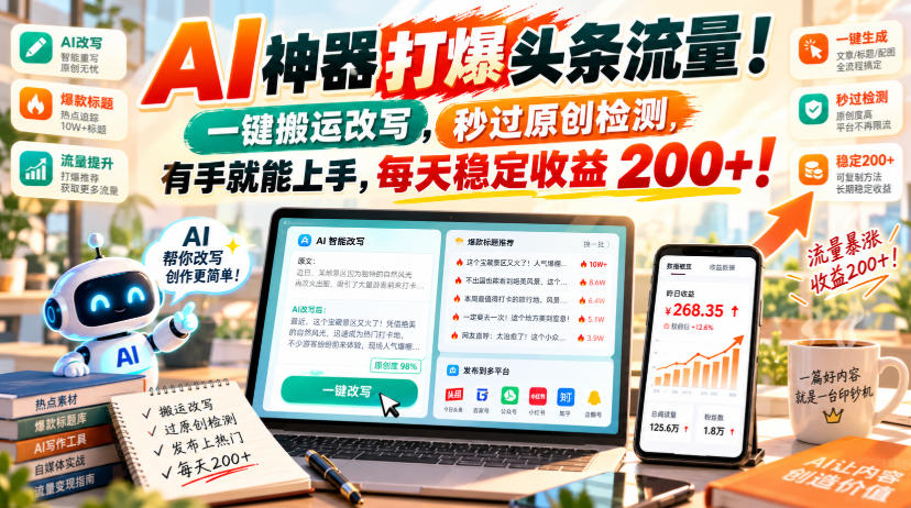 AI神器打爆头条流量，一键搬运改写，秒过原创检测，有手就能上手，每天稳定收益200+！【揭秘】-91副业网