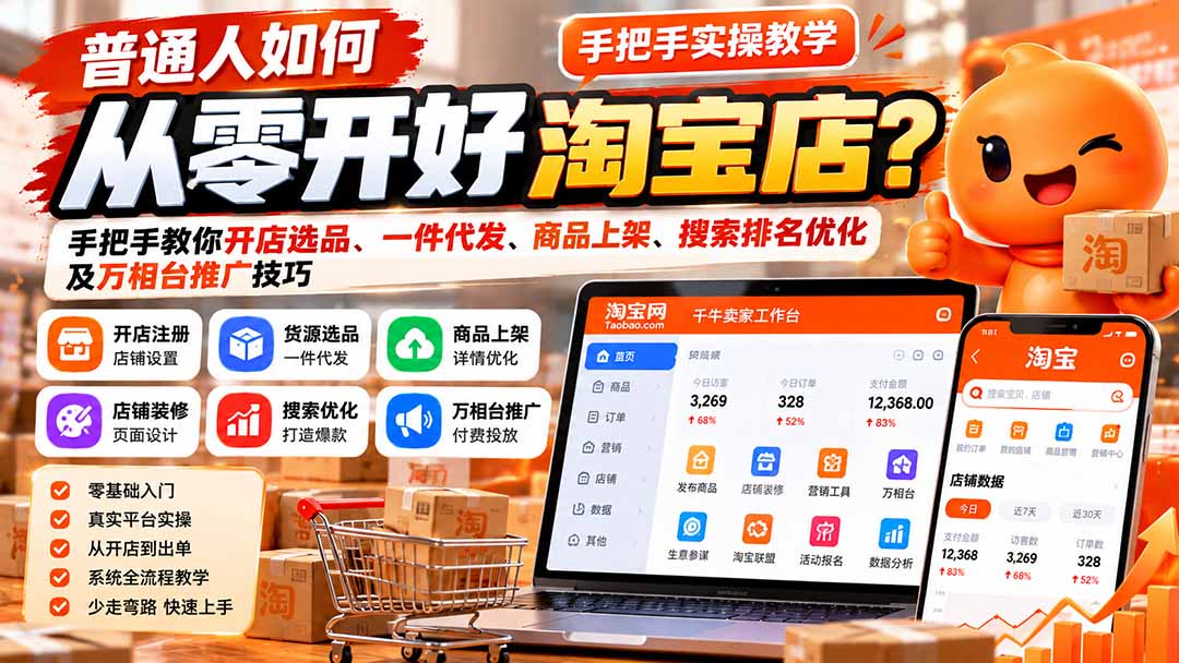普通人如何从零开好淘宝店?手把手教你开店选品、一件代发、商品上架、搜索排名优化及万相台推广技巧-91副业网