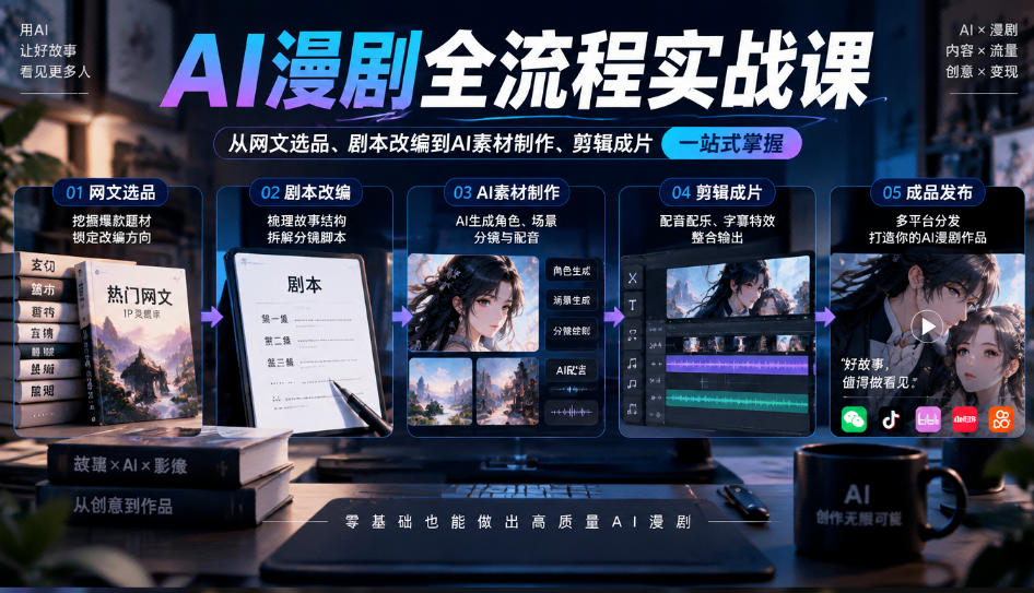 AI漫剧全流程实战课，覆盖从网文选品、剧本改编到AI素材制作、剪辑成片的完整链路-91副业网