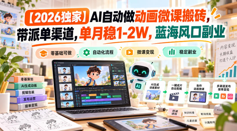 【2026独家】AI自动做动画微课搬砖,带派单渠道,单月稳1-2W,蓝海风口副业【揭秘】-91副业网