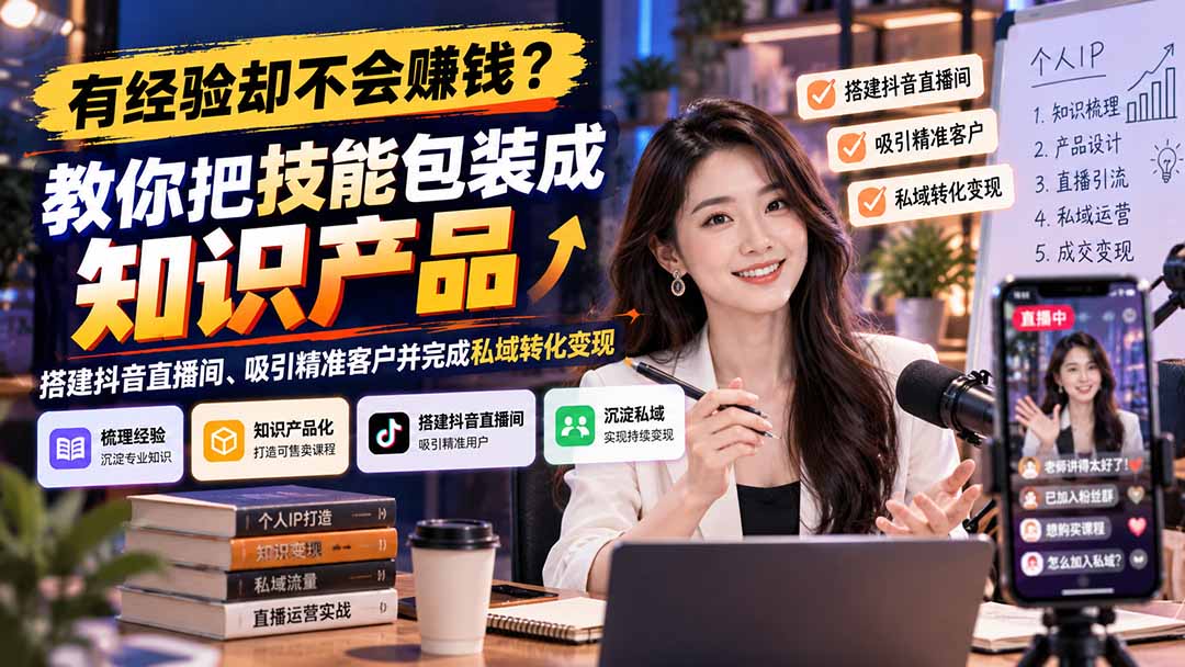 有经验却不会赚钱?教你把技能包装成知识产品,搭建抖音直播间、吸引精准客户并完成私域转化变现-91副业网