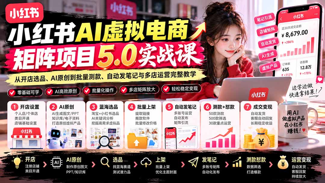 小红书AI虚拟电商矩阵5.0实战课:从开店选品、AI原创到批量测款、自动发笔记与多店运营完整教学-91副业网