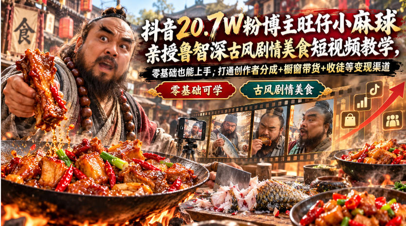 抖音20.7W粉博主旺仔小麻球亲授鲁智深古风剧情美食短视频教学，零基础也能上手，打通创作者分成+橱窗带货+收徒等变现渠道-91副业网