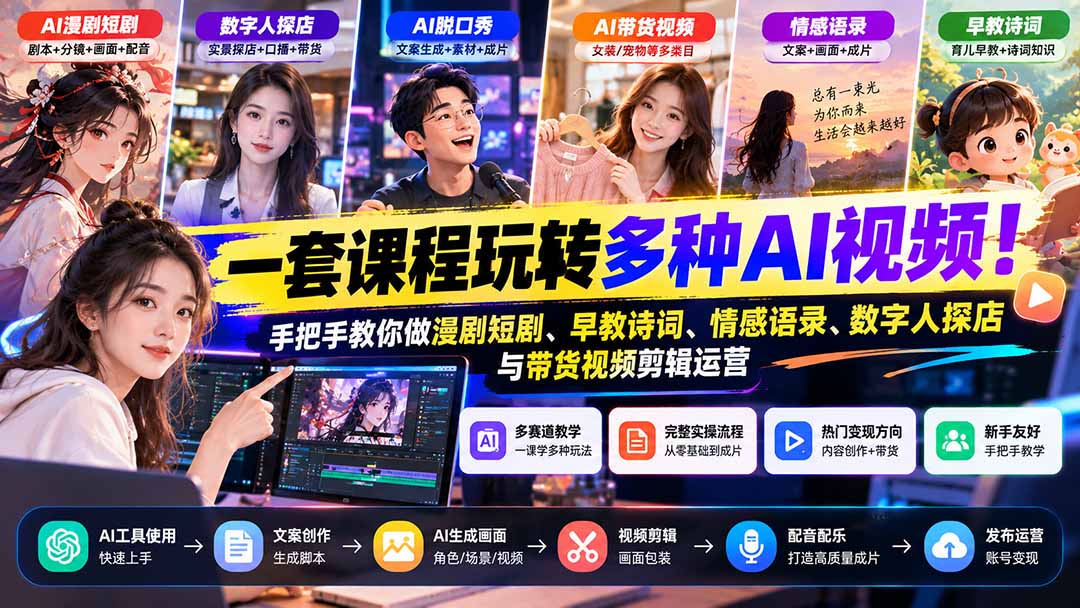 【无水印】一套课程玩转多种AI视频!手把手教你做漫剧短剧、早教诗词、情感语录、数字人探店与带货视频剪辑运营-91副业网